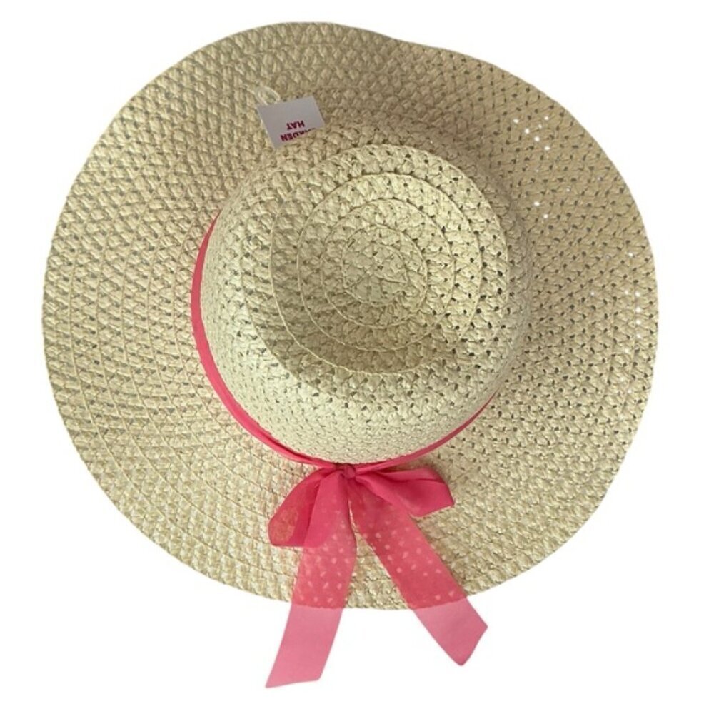 Straw Sun Beach Hat with Wide Brim Boho Chic Pink Coral Ribbon Bow Women OS - Picture 5 of 16